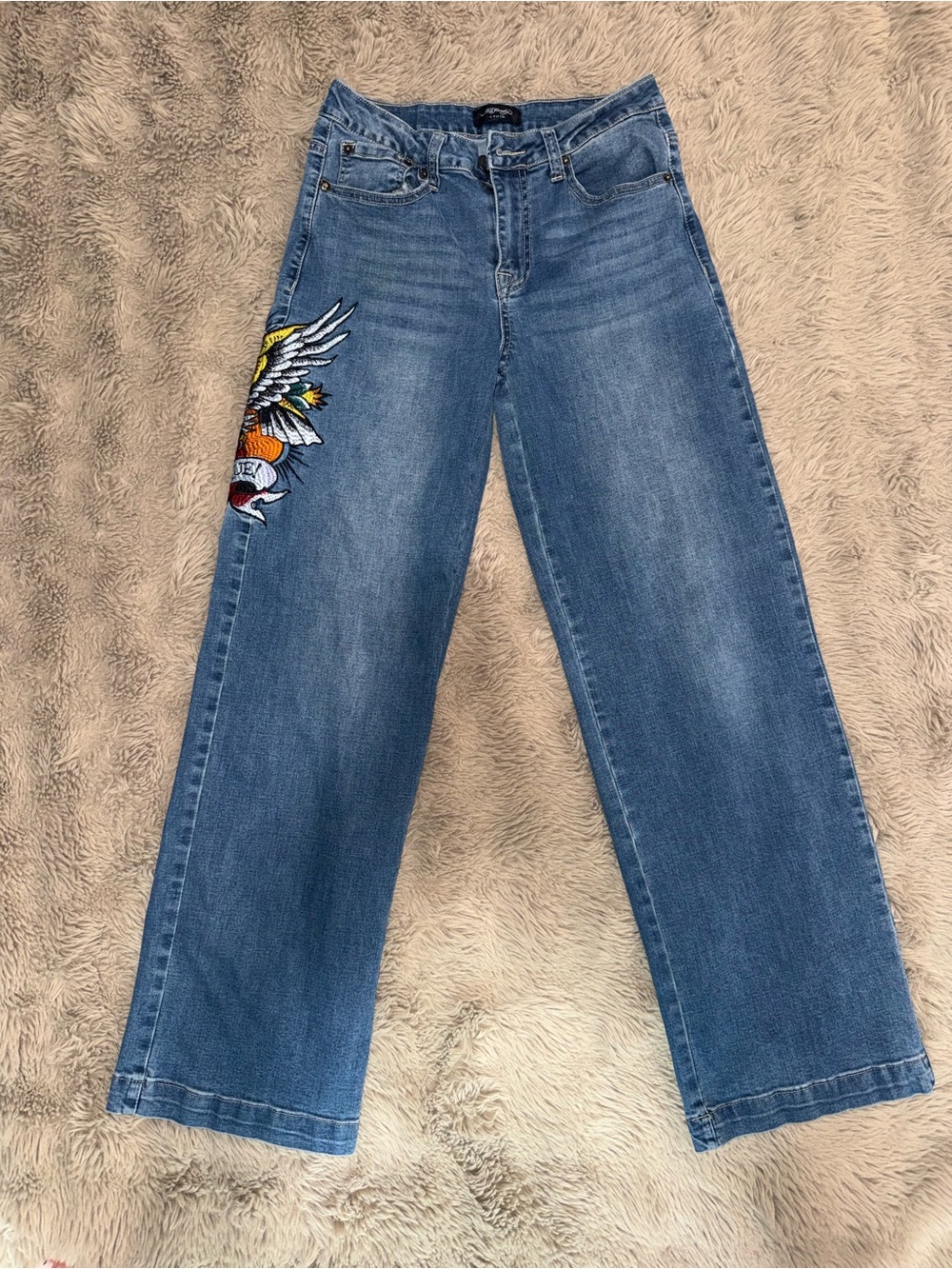 Ed Hardy Blue Wide-Leg Jeans with Wing & Heart Embroidery